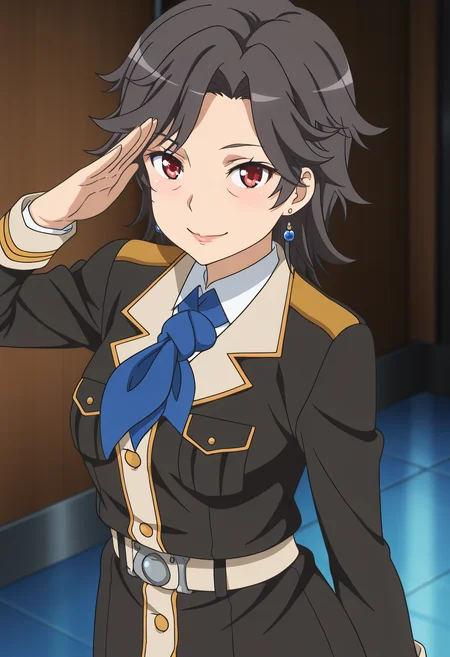 masterpiece,best quality,amazing quality,very aesthetic, absurdres
1girl, solo, Mayuki Munetani, red eyes, military, uniform, lips, jewelry, belt, pantyhose, high heels, anime coloring, (eye wrinkles),
Upper body, smile, looking at viewer,
Salute,
anime coloring,