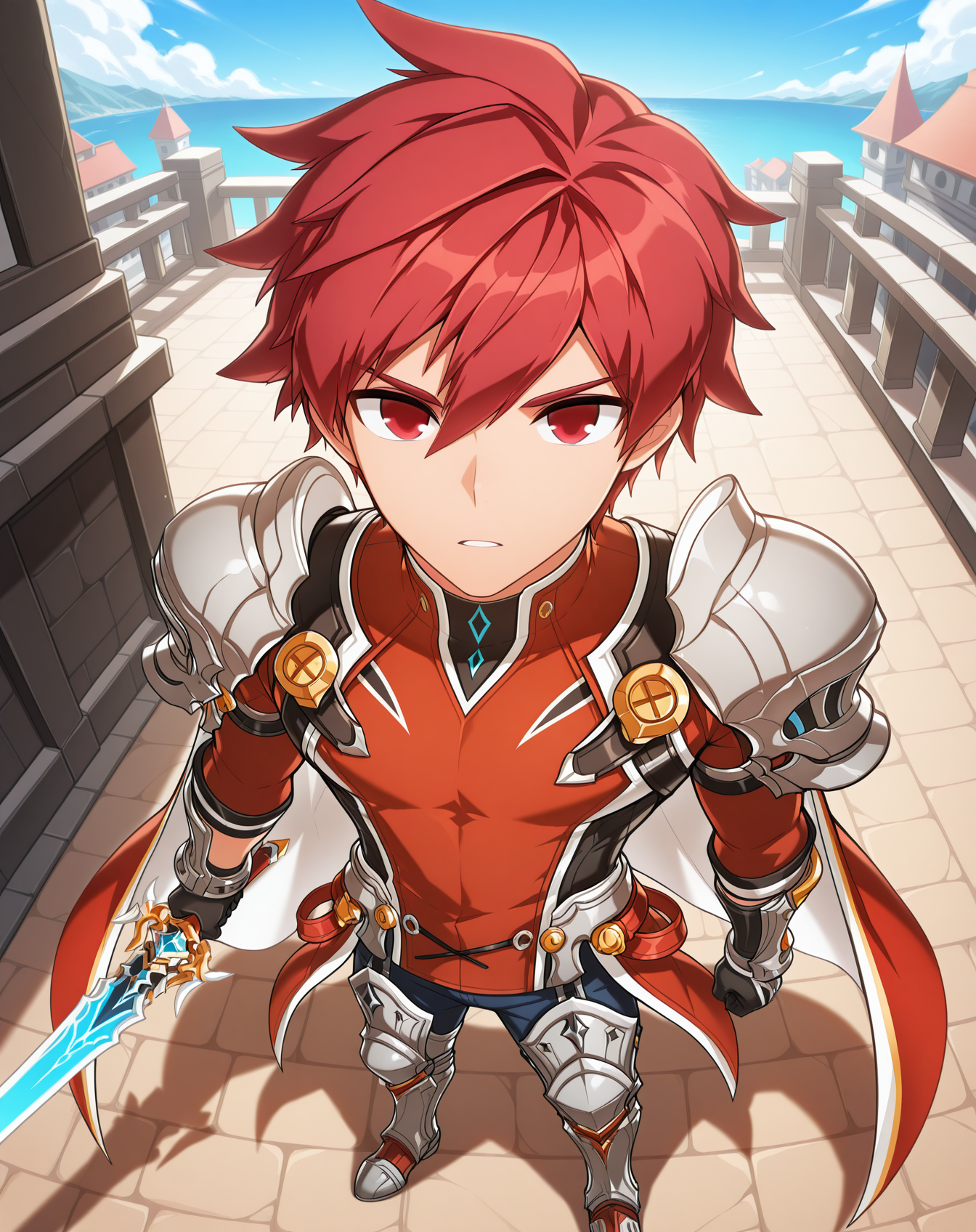 masterpiece, amazing quality, best quality, absurdres, very aesthetic,
1boy, solo, yaoi, male focus, full body, from above, standing, looking at viewer, face focus,
<lora:Elsword_Knight_Emperor_ilxl:1> elswordke, red hair, red eyes,
shoulder armor, red cape, black gloves, surcoat, pauldrons, pants, greaves, armored boots, knee boots,
holding weapon, holding sword,
outdoors, day, blue sky,