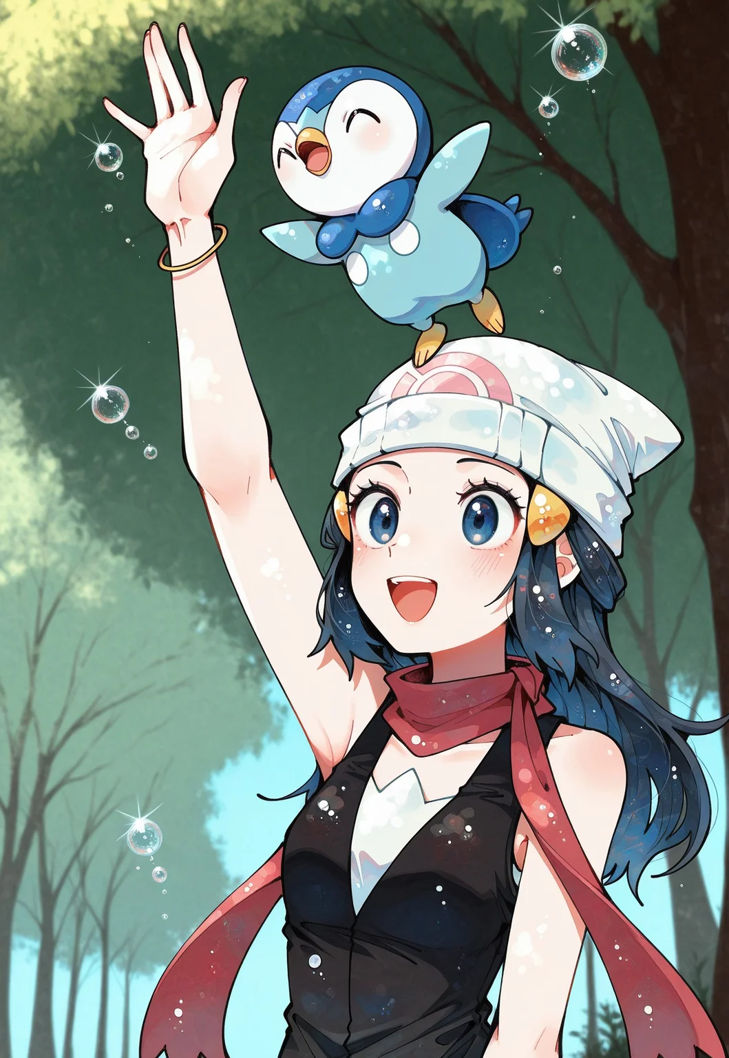 masterpiece, best quality, 1girl, dawn_pokemon, dancing with piplup companion, dynamic pose, upper body, clear composition, absurdres, highres,
beanie, scarf, happy, arm up, pokemon creature, sparkling bubbles, dappled sunlight, dramatic, foreshortening,
itomugi-kun, mozukuzu_manukedori, dino_dinoartforame, average-hanzo