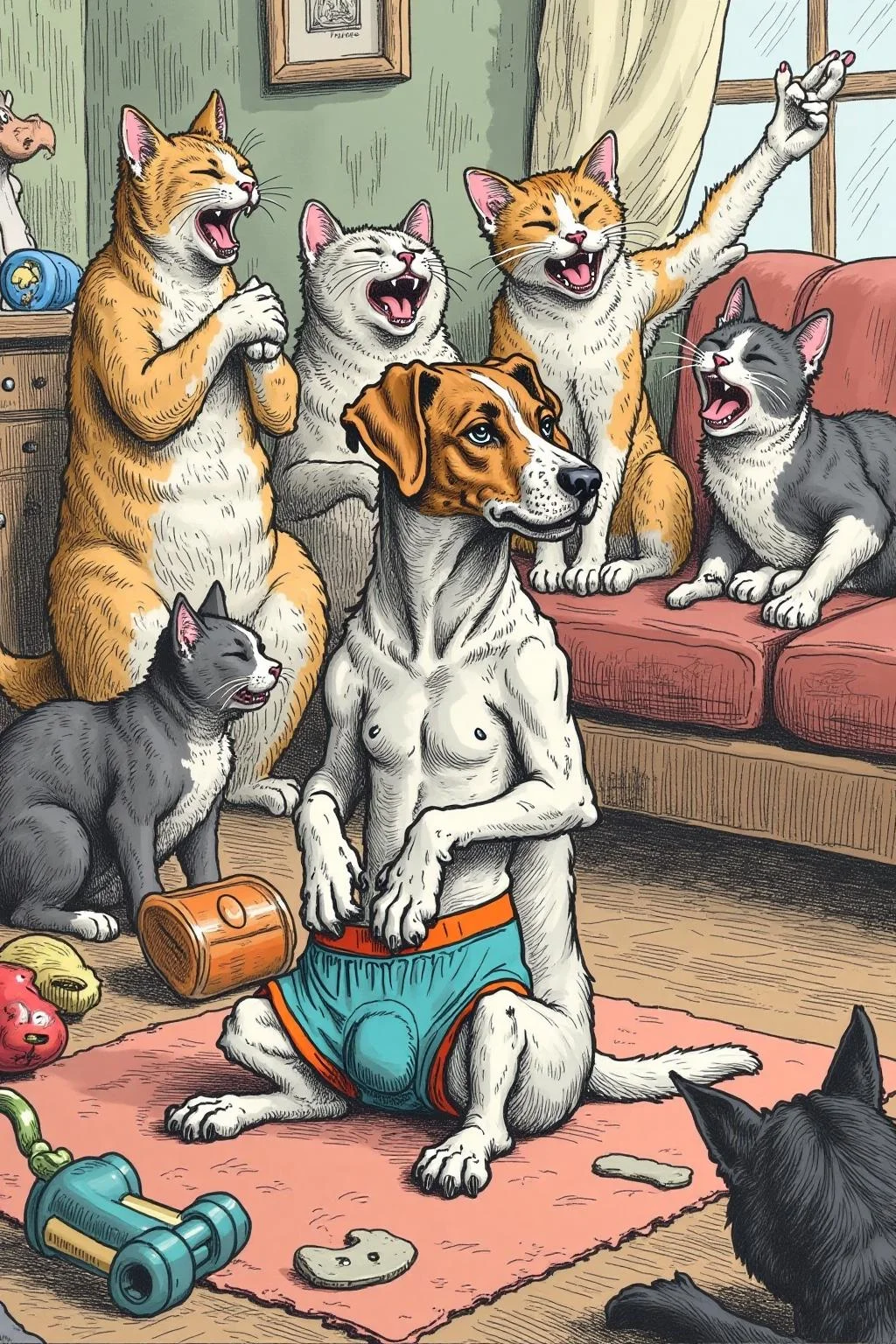 gusdore1 illustration.
A Jack Russell Terrier sitting on its haunches, looking utterly ashamed and embarrassed as it is forced to wear a pair of brightly colored boxer underwear. The dog's ears are drooping, and its big, soulful eyes convey a mix of humiliation and resignation. Surrounding the dog is a group of mischievous cats of various breeds, each pointing a paw at the dog and laughing hysterically. One cat has fallen over, clutching its belly in laughter, while another wipes away a tear from laughing too hard. The setting is a cozy living room with toys and a slightly chaotic vibe, emphasizing the playful nature of the scene. The colors are vibrant and the overall tone is lighthearted and comical <lora:gusdore1_nocap_d4a2e8:0.8><lora:801218147827844444:0>