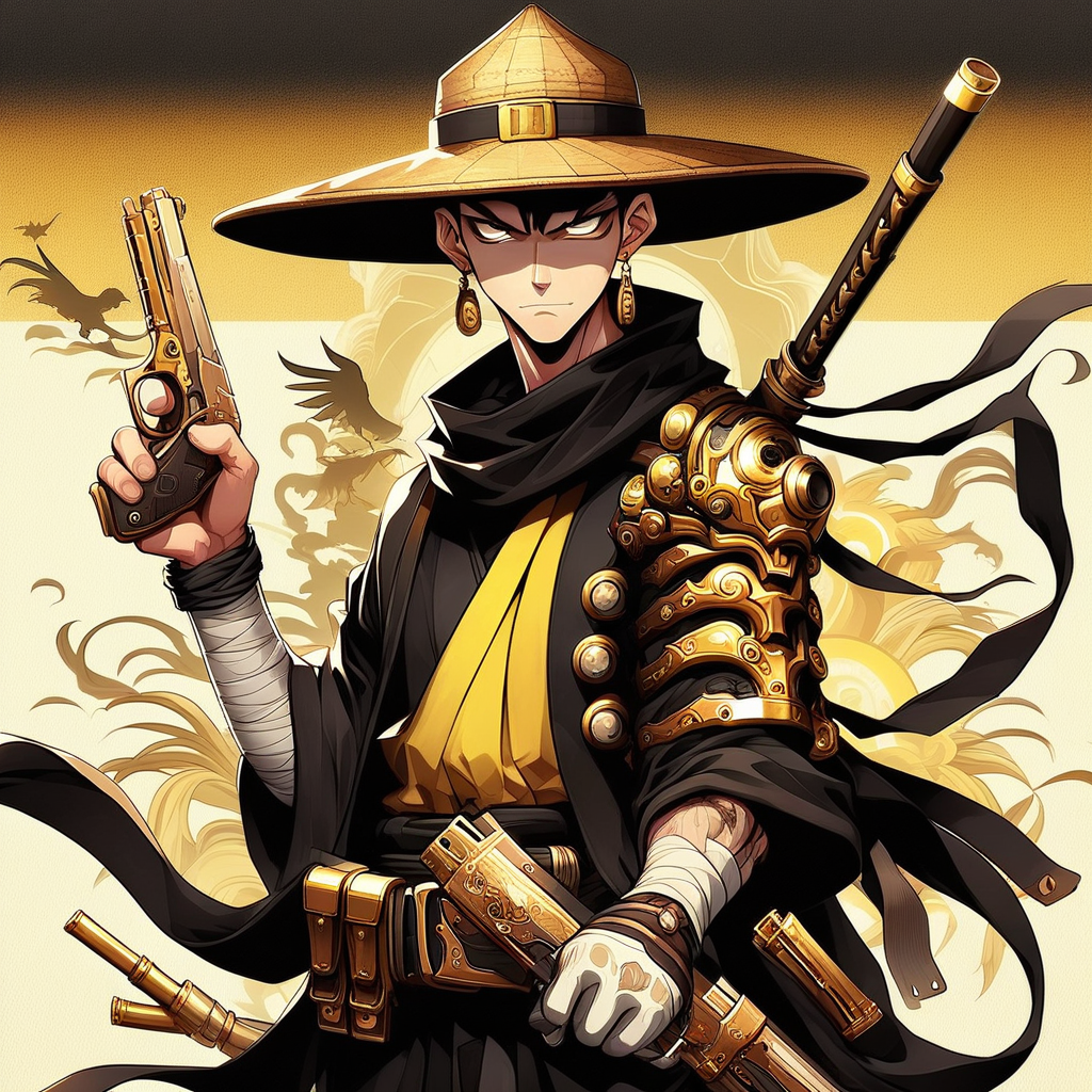 GunMonk, a man wearing a straw hat, black and gold gun,