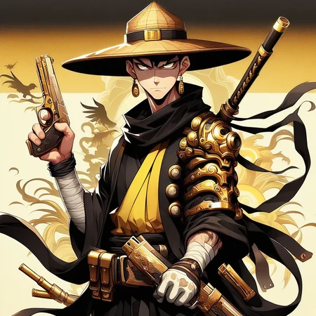 GunMonk, a man wearing a straw hat, black and gold gun,