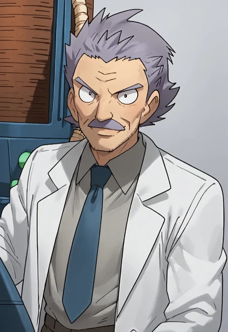 safe_pos, safe_pos, score_9, score_8_up, score_7_up, rating_nsfw, ultra hd, absurdres, solo, 1boy, masterpiece, best quality, best aesthetic, Expressiveh, wolfconf,

PokemonKodama, grey hair, mustache, labcoat, grey shirt, blue necktie, lab, portrait, looking at viewer, smiling, headshot, hd, 2023, stubble