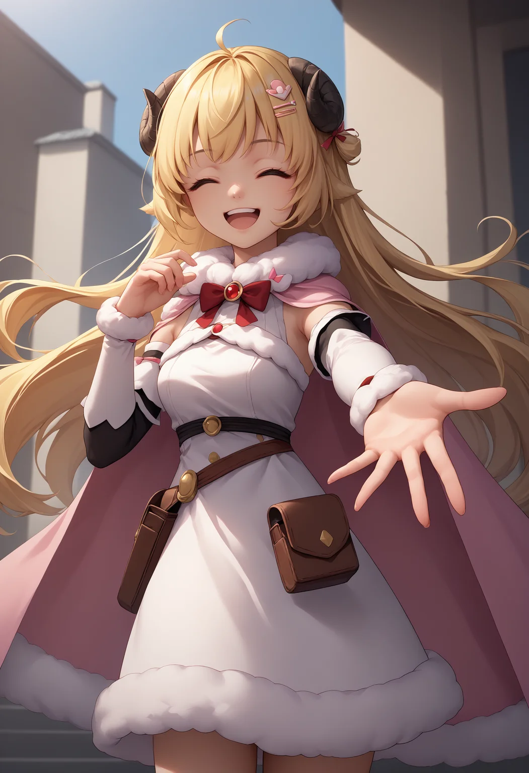 score_9, score_8_up, score_7_up, source_anime, 1girl, beckoning, reaching towards viewer, <lora:Beckoning_XLPD:1>, happy, open mouth, eyes closed, <lora:last_1:1>, WatameBase, very long hair, ahoge, hairclip, fur-trimmed dress, short dress, red bowtie, detached sleeves, pouch, fur-trimmed cape, pink cape,
