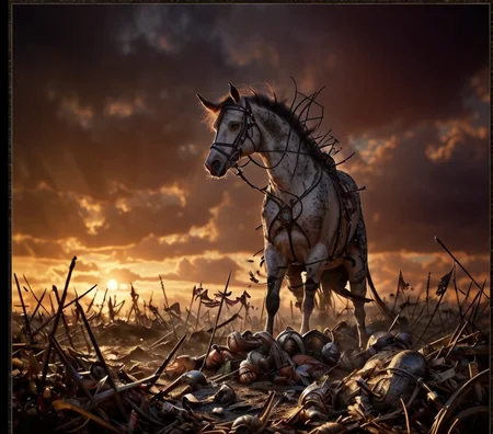 RAW photo, (masterpiece:1.3), subsurface scattering, heavy shadow, (high quality:1.4), (intricate, high detail:1.2), professional photography, HDR, High Dynamic Range, realistic, ultra realistic, photorealistic, high resolution, film photography, ambient lighting, atmospheric effects, <lora:detail_slider_v4:2>, OverallDetail, battlefield, <lora:Battlefield:1>, dawn, epiCPhoto