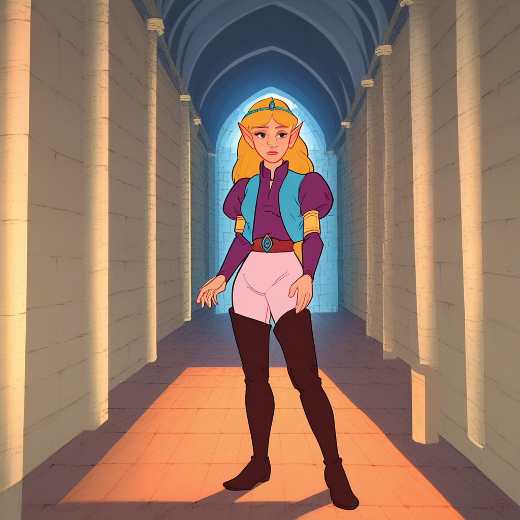 score_9, solo, classiczelda, tiara, blonde hair, long hair, pointy ears, vest, thigh boots, hallway