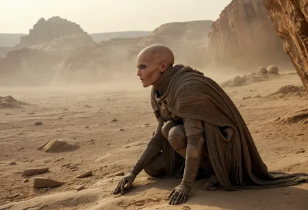 epic, cinematic shot, movie still from Dune movie showing priest (from side), ((sitting on the rocky cliff)) wearing (torn long rag coat and hood:1.2) looking at (distant ancient artifact:1.2) emitting plasma energy rays to the sky and (sucking desert inside creating vortex, sand storm, sink hole:1.3), (warping time and space:1.2), (futuristic technology:1.2), rubble, stone, (shiny metal statues, metal wires, ancient artifacts:1.5), (glass wood and metal elements covered in dust and dirt:1.3),  sand, very detailed, wide angle, absurd art,  (cyborg, robot, electronics, plasma:1.3), 
<lora:add-detail-xl:0.9>,
<lora:b3ks1n:0.55> b3ks1n,
<lora:JuggerCineXL2:0.8> Film Still, Cinematic, Cinematic Lighting,
<lora:Dune_Movie_Loha2:0.4> Dune, directed by Denis Villeneuve, cinematic, movie, futuristic, sci-fi,
<lora:xl-shanbailing-1003fire:0.5> fire element,