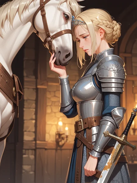 score_7_up, score_8_up, score_9, masterpiece, oil painting style, highly detailed, medieval,  a girl (with platinum-blonde braid and bangs with a tiara, tears) standing before a white horse while grasping the bridle in hand,  head to head, girl focus, a sword hanging with belt,  (lowering head), look down, steel armor, long distance shot from side, low-tone, volume light