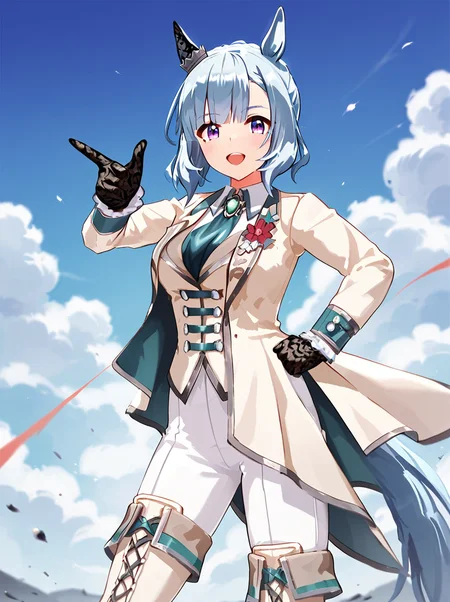 score_9, score_8_up, score_7_up, rating_safe, masterpiece, best quality, absurdres, source_anime,
mejiro ardan \(umamusume\), 1girl, horse ears, black lace gloves, white pants, ivory lace-up thigh boots, pointing, looking at viewer, full body, horse tail, open mouth, collared shirt, long sleeves, blush, hand on own hip, standing, smile, black lace ear cover, ivory tailcoat, ivory vest, teal ascot, green brooch, official alternate hairstyle, white formal shirt
cowboy shot
<lora:pony_mejiro_ardan_ver1.012:0.9>