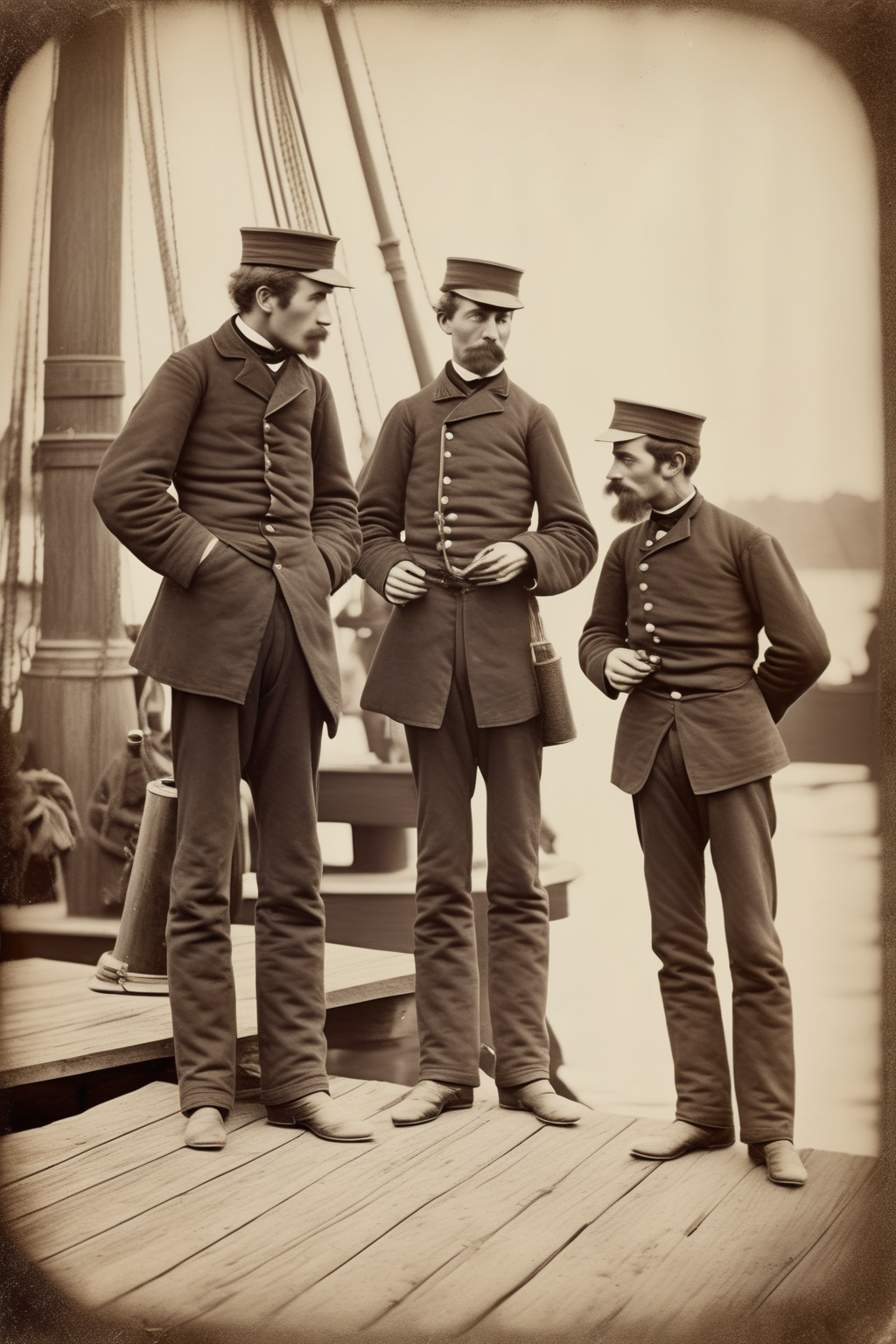 <lora:Albumen Print:1>Albumen Print - a photo of sailors talking on a dock. looing scared. photo from 1876. realistic