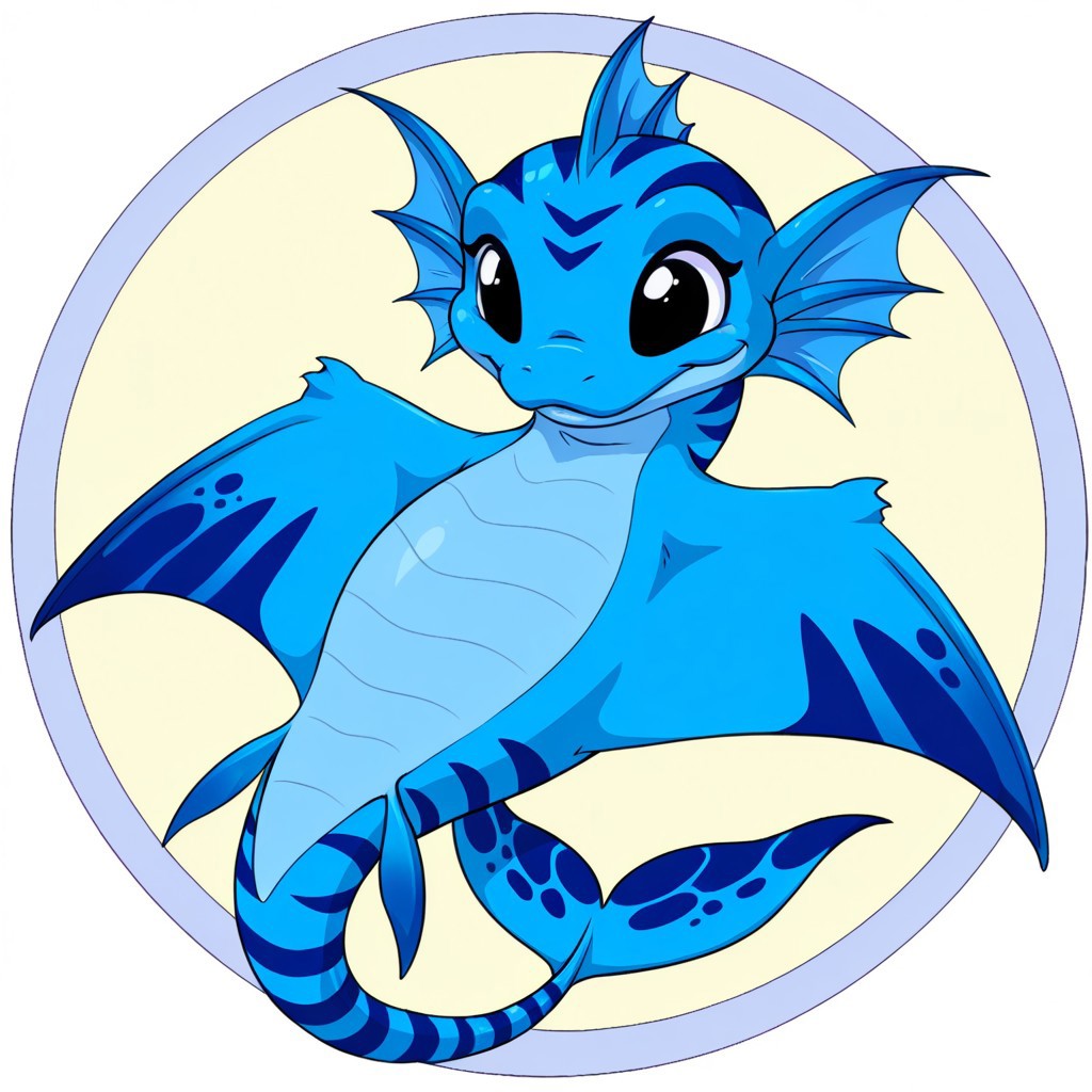 Neopets, circle background, solo
cute blue stringray sea dragon in the style of neopets, big fins, striped body, sea snake, manta ray, dot eyes
