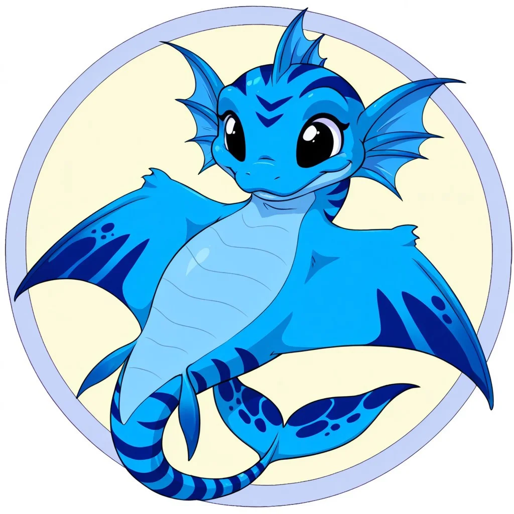 Neopets, circle background, solo
cute blue stringray sea dragon in the style of neopets, big fins, striped body, sea snake, manta ray, dot eyes