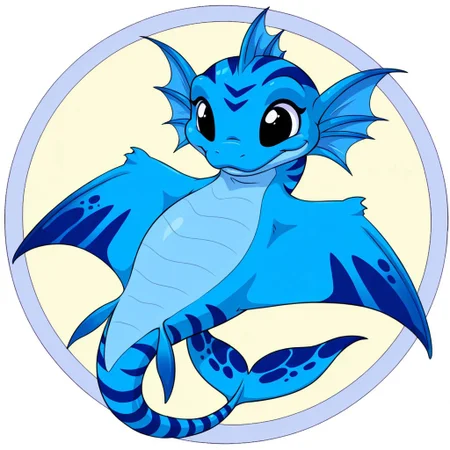 Neopets, circle background, solo
cute blue stringray sea dragon in the style of neopets, big fins, striped body, sea snake, manta ray, dot eyes