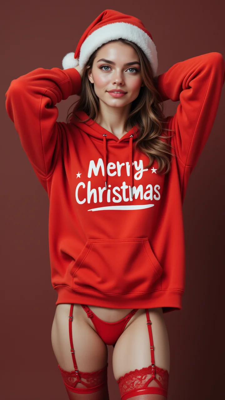 a woman wearing a red Jedxmas Hoodie ,Merry Christmas Print, red Jedxmas  garter straps, long sleeves, red Jedxmas  thong, red Jedxmas  stockings, santa hat , <lora:fluxxmashoodie1:1>