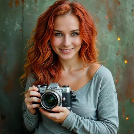 Generate an image of a smiling, radiant Caucasian woman with fiery red hair and bright green eyes, wearing a casual outfit while holding a camera. She has a warm and caring expression on her face, exuding warmth and affection  <lora:add-detail-xl:2> <lora:Flux-style-xl-lora:1> <lora:Creat0r_MagicDetailzV2_FIX:1> <lora:face_pony:0.5>
