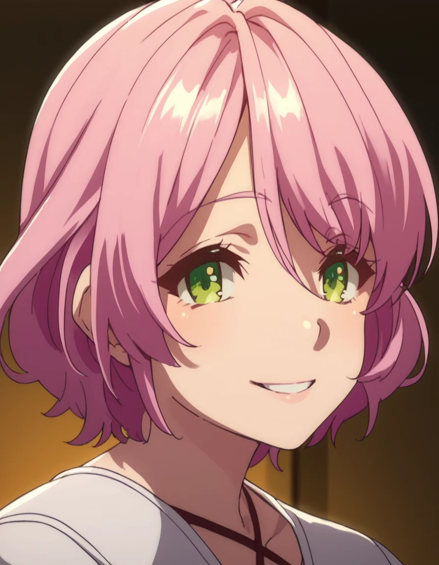 score_9, score_8_up, score_7_up, score_6_up, score_5_up, score_4_up, source_anime,  Norn, short hair, pink hair, green eyes, , soft smile, portrait
