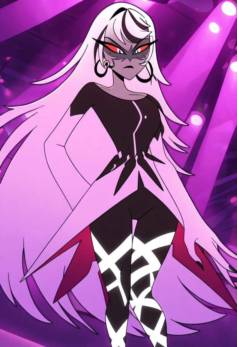 masterpiece, best quality, newest, absurdres, highres, HHp4ck-Style-V1.0, official style, 1girl, HHOVP-CAC.V1.0-LH, hair down, loose hair, very long hair, grey skin, hoop earrings, earrings, white hair, black bodysuit, balerina, facial mark, black lips, white elbow gloves, elbow gloves, 
