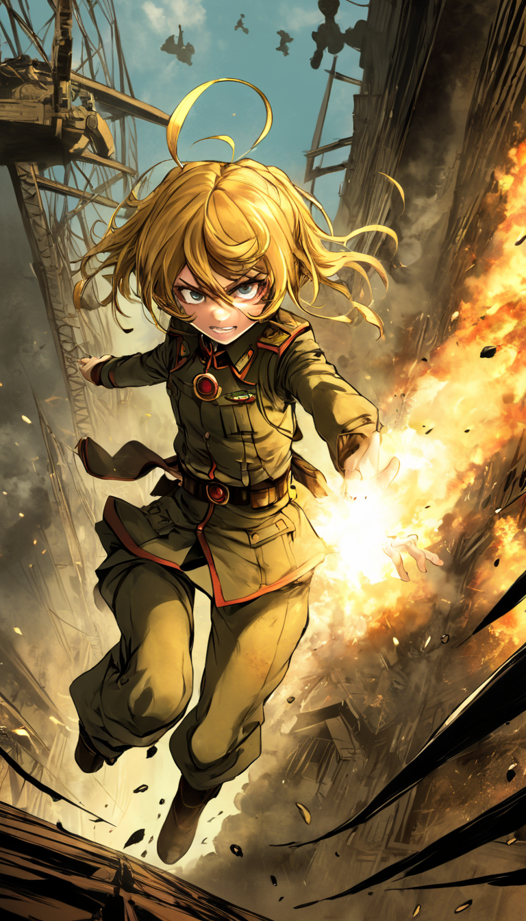 comic Cinematic scene, hero view, Tanya Degurechaff, Youjo Senki <lora:tanya_degurechaff_xl_v6:1>, action pose, detailed background, masterpiece, best quality, high quality, highres, absurdres  . graphic illustration, comic art, graphic novel art, vibrant, highly detailed