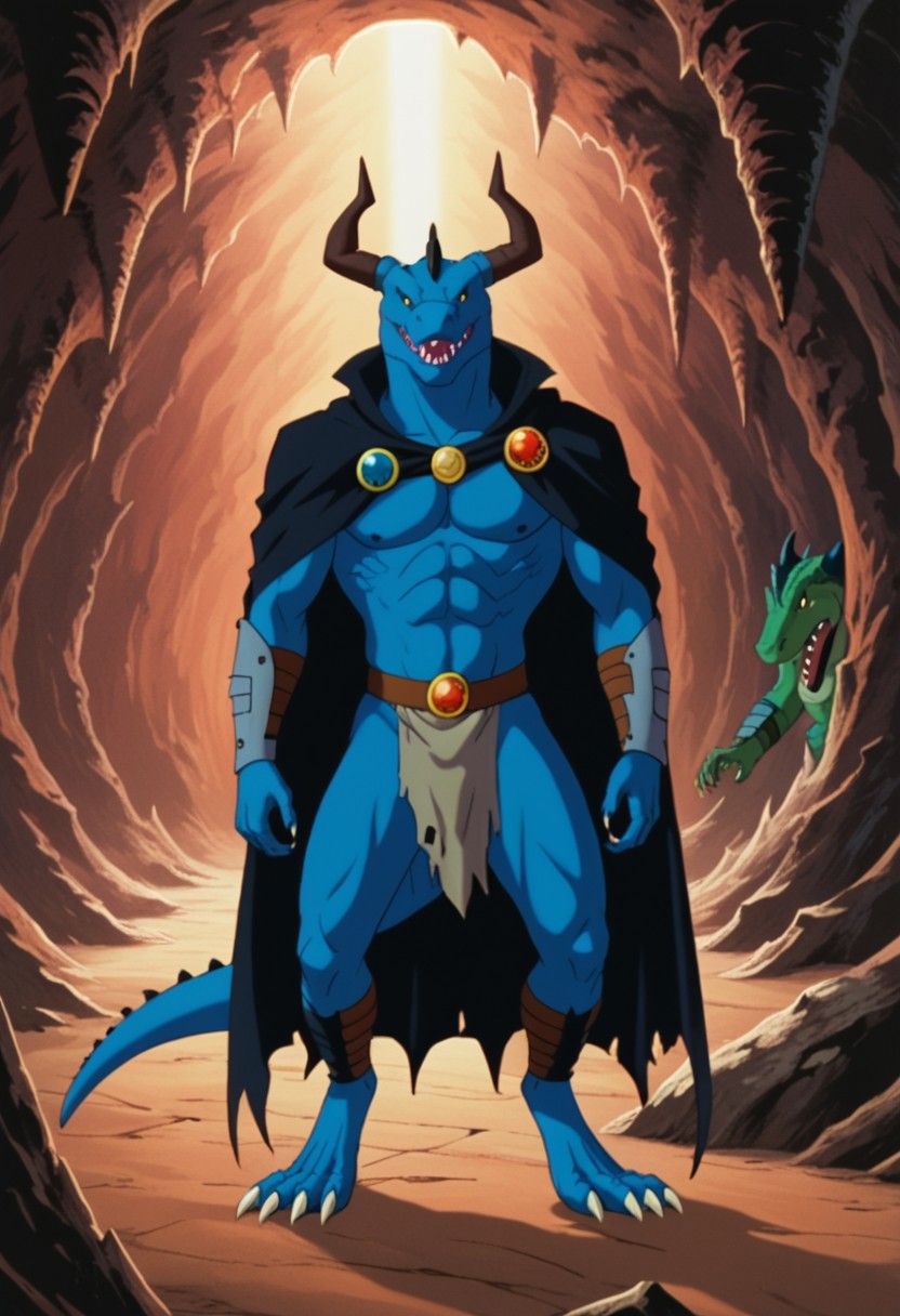 SCORE_9, SOURCE_RETRO, HM2K, REPTILE, HORNS, SHARP TEETH, CLOAK, ARMOR, CAVE