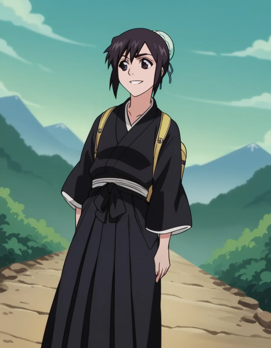 score_9, score_8_up, score_7_up, source_anime, <lora:momo-hinamori-anime-ponyxl-lora-nochekaiser:1>, momo hinamori, black hair, hair bun, single hair bun, bun cover, short hair, black eyes,, long sleeves, japanese clothes, kimono, haori, black kimono, hakama, black hakama,, mountain trail, hiking, nature, backpack, adventure, fresh air, smile, looking at viewer, arm behind back, knee bent, foot pointed, solo,, cowboy shot, dutch angle