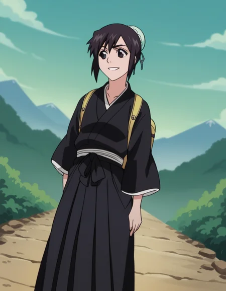 score_9, score_8_up, score_7_up, source_anime, <lora:momo-hinamori-anime-ponyxl-lora-nochekaiser:1>, momo hinamori, black hair, hair bun, single hair bun, bun cover, short hair, black eyes,, long sleeves, japanese clothes, kimono, haori, black kimono, hakama, black hakama,, mountain trail, hiking, nature, backpack, adventure, fresh air, smile, looking at viewer, arm behind back, knee bent, foot pointed, solo,, cowboy shot, dutch angle