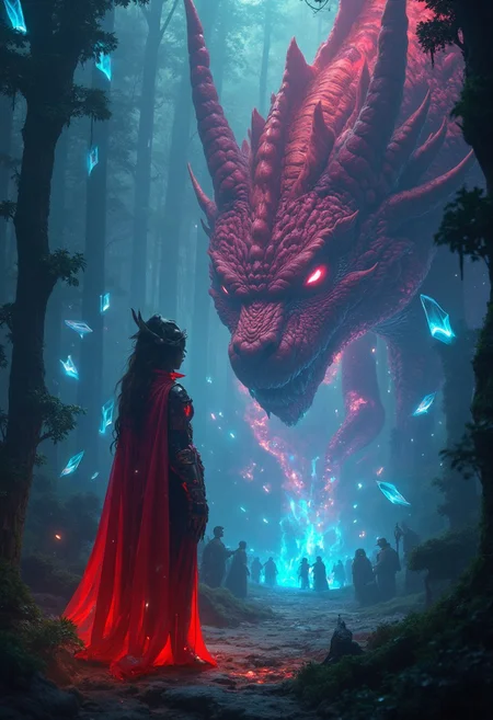 In a smoky, neon-lit forest, Princess Katia stands poised with her Runestone, surrounded by floating, holographic cards that pulse with a strange, otherworldly glow, her royal attire now infused with retro-futuristic armor, as a massive Red Dragon, its scales shimmering with digital glitches, emerges from the mist, its eyes glowing like burning embers, in the style of analog VHS aesthetic, grainy and low-resolution, muted retro color palette, soft focus with heavy shadows, eerie and unsettling atmosphere, surreal and nostalgic, vintage cult-like vibe, dark and shadowy environment, washed-out colors