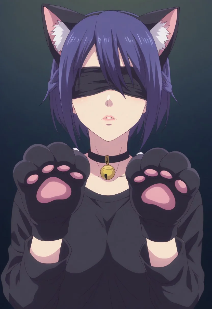 mole_under_mouth, pink_lips, blindfold, hair_over_eyes, covered_eyes, black_blindfold <lora:2b-PDXL-V1(test):0.8> rating_safe, forced perspective, three-point perspective, BREAK catgirl, fake animal ears, cat paws, cat gloves,  full body,