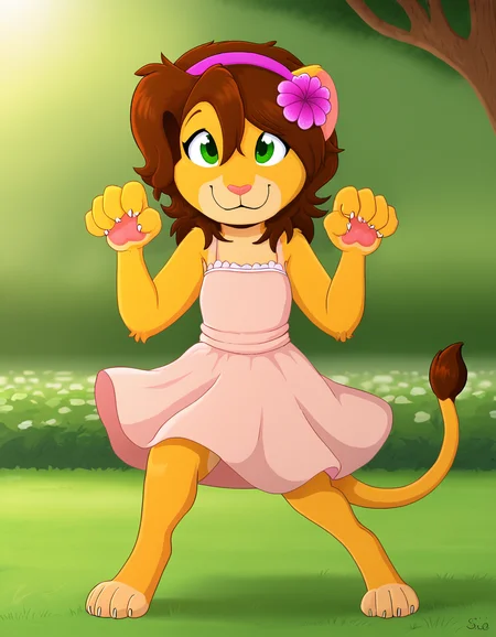 outdoors,
Keiko,1girl,solo,brown hair,furry,furry female,green eyes,smile,animal ears,tail,animal nose,hairband,hair ornament,hair flower,body fur,short hair,bangs,lion ears,
full body,smile,
pink sundress, paw pose,
<lora:Keiko_v03_PDXL:1>,
<lora:add-detail-xl:1>,