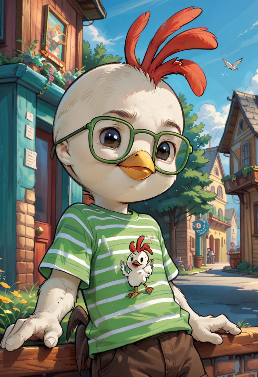 score_9, score_8_up, score_7_up, Chicken_Little, chicken, anthro, feathers, 1boy, black eyes, green glasses, striped shirt, brown shorts, tiny male, beak