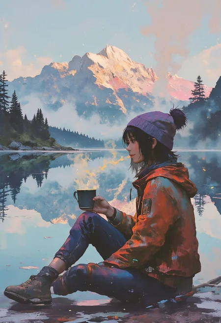 A woman sitting on a pier by a mountain lake, wearing a worn red hoodie with a white scarf and a light purple beanie on her head, wild brown hair pokes out from underneath. She is holding a steaming mug in her hands, smiling softly as she looks at the lake. Her breath creates a little steam. The background shows a serene lake reflecting the sky, trees and epic clouds, creating a peaceful atmosphere.