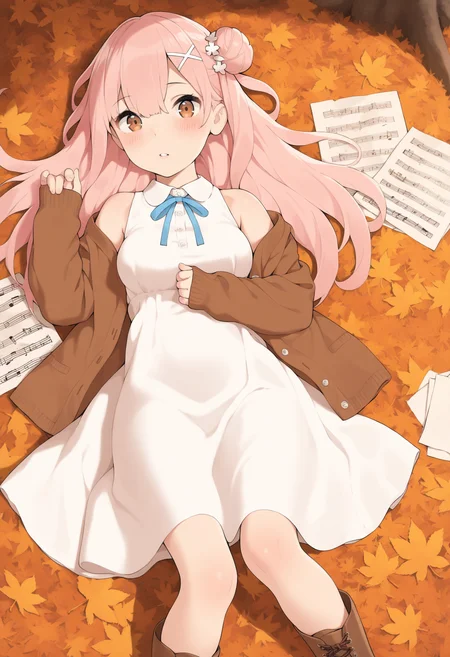masterpiece,best quality,amazing quality,
1girl, solo, white dress, dress, pink hair, brown eyes, long hair, parted lips, boots, sleeveless, hair ornament, looking at viewer, on back, lying, brown footwear, sleeveless dress, bangs, collared dress, ribbon, hair bun, single side bun, single hair bun, autumn leaves, x hair ornament, sheet music, paper, open clothes, neck ribbon, long sleeves, leaf, sleeves past wrists, hair between eyes, off shoulder, bare shoulders, blush, breasts, cardigan, jacket, hand up, cross-laced footwear, maple leaf, blue ribbon,
<lora:Irotenya:1> <lora:cutepussy:1>