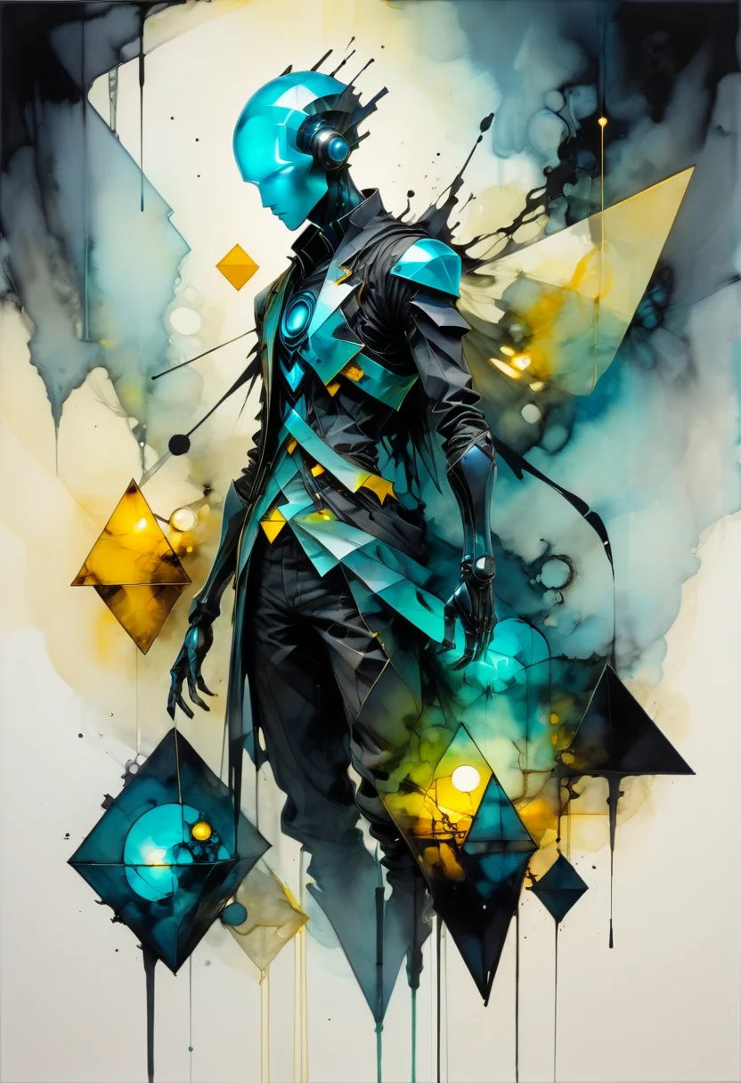 vibrant alcohol ink and, geometric patterns and glowing symbols, in the style of Ashley Wood, in the style of Sid Mead, of shifting light, energies intertwining, Volumetric and synthetic, enigmatic, Alienesque and enigmatic, suspended, melancholic and, with protruding sharp edges masterpiece, beautiful, best quality, absurd resolution, 8k, uhd, <lora:artfully_ALIENS.ANDROIDS.ROBOTS:0.9>,