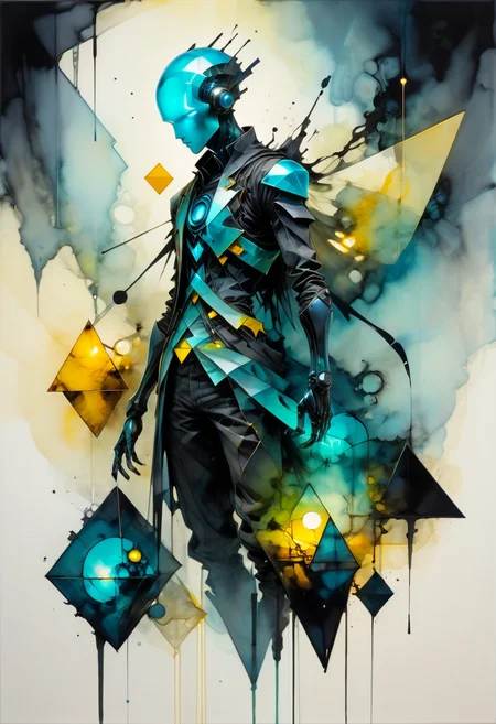 vibrant alcohol ink and, geometric patterns and glowing symbols, in the style of Ashley Wood, in the style of Sid Mead, of shifting light, energies intertwining, Volumetric and synthetic, enigmatic, Alienesque and enigmatic, suspended, melancholic and, with protruding sharp edges masterpiece, beautiful, best quality, absurd resolution, 8k, uhd, <lora:artfully_ALIENS.ANDROIDS.ROBOTS:0.9>,