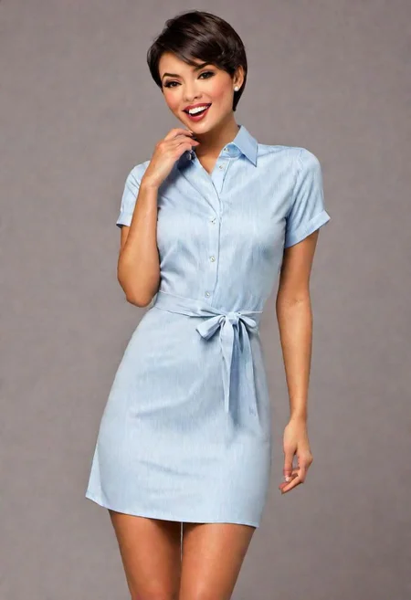 Jasmine, classy shirt, short dress, cute woman, perfect haircut, pleased, delighted face , biting her lips
