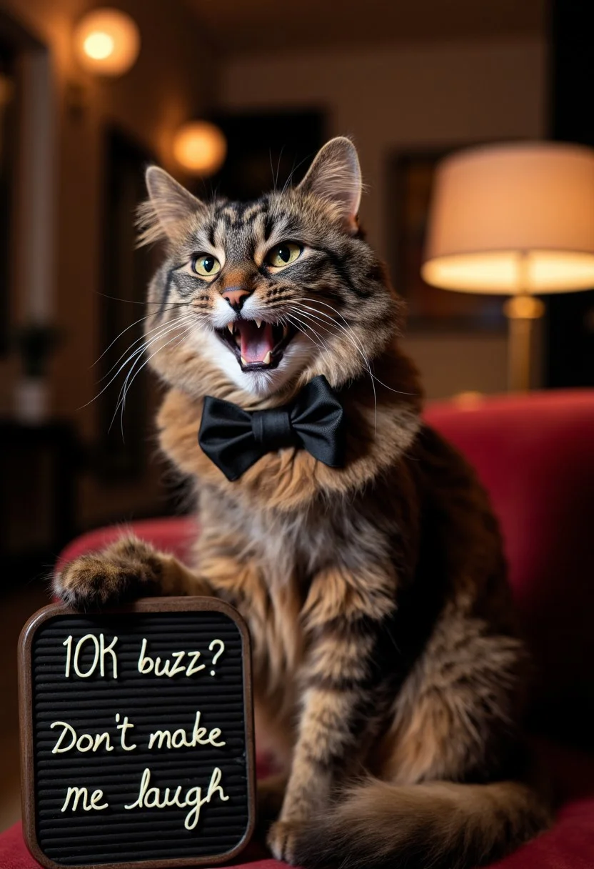 photograph of a happy fluffy long-haired domestic cat named Allie wearing a black bow tie, laughing, sitting with a paw on a fancy sign that says "10K buzz? Don't make me laugh" in a fancy, dimly lit lounge.