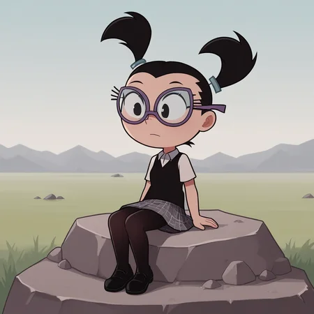score_8_up, BREAK, Tootie, 1girl, solo, black hair, twintails, black eyes, glasses, white collared shirt, black vest, plaid skirt, black pantyhose, <lora:Tootie_FOP_PXL_Leaf2:1>, sitting on rock, outdoors, black footwear,
