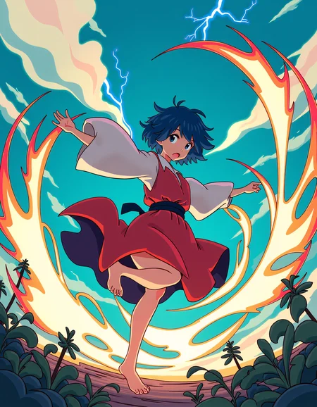 Vibrant and exaggerated aesthetics, anime style, A nimble young woman with short, tousled blue hair moves gracefully through a storm, her movements creating powerful gusts of wind that bend trees and swirl leaves around her. Her outfit is a flowing robe that flutters wildly as she spins and leaps, manipulating the wind as both her partner and weapon. The background shows a dynamic sky, filled with fast-moving clouds and flashes of lightning. <lora:xlranime-sushio:1.0>