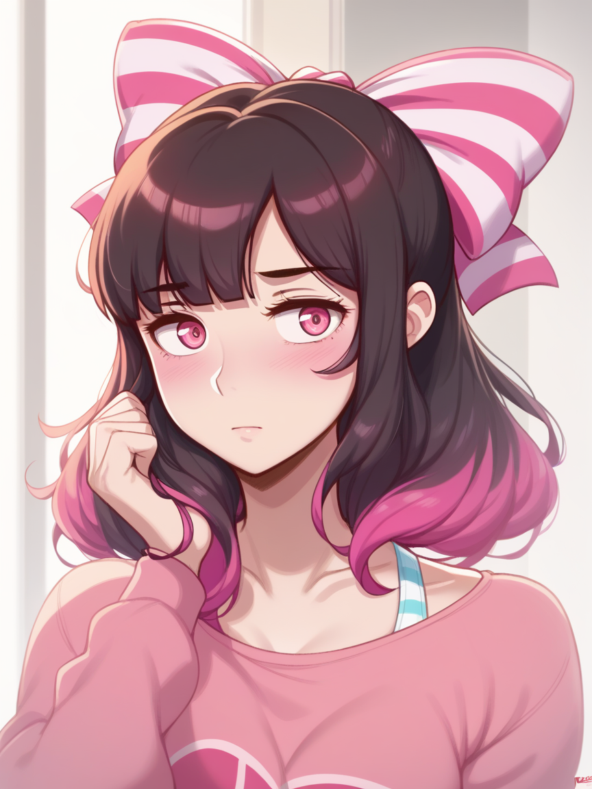 score_9, score_8_up, score_7_up, best quality, masterpiece, 4k, perfect lighting, very aesthetic, anime BREAK
beautiful woman, cover art, sexy, looking at viewer, 
dark chestnut hair (Faux Hawk), <lora:back_hair_bow-PD-1.0:1> striped back hair bow, 
long sleeve top,
dross,
bathroom,
close-up,
shy