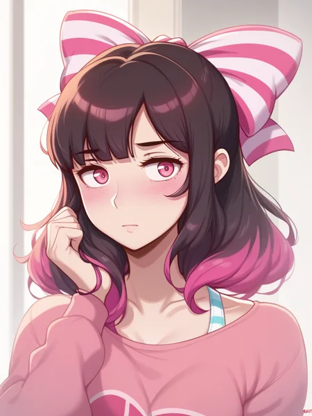 score_9, score_8_up, score_7_up, best quality, masterpiece, 4k, perfect lighting, very aesthetic, anime BREAK
beautiful woman, cover art, sexy, looking at viewer,
dark chestnut hair (Faux Hawk), <lora:back_hair_bow-PD-1.0:1> striped back hair bow,
long sleeve top,
dross,
bathroom,
close-up,
shy