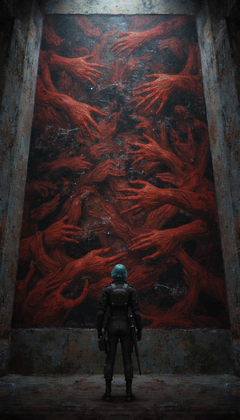 GLOW,intricate tetradic colors in every details,FLUORESCENT,asian woman, A lone girl with cerulean hair, clad in tactical gear and armed with an assault rifle, stands before a colossal canvas. It bleeds crimson, a macabre tapestry of outstretched hands reaching from within. The scene unfolds within a stark, concrete edifice, light cascading from an unseen aperture above. A low camera angle emphasizes the girl's vulnerability against the overwhelming tide of crimson limbs. The air is thick with anticipation - is she savior or destroyer? Focus on the interplay of light and shadow, capturing the granular texture of the canvas and the metallic glint of the weapon. The background should recede into an oppressive, undefined space, amplifying the sense of claustrophobia.  Add a faint, ethereal glow emanating from the hands, hinting at an otherworldly presence.