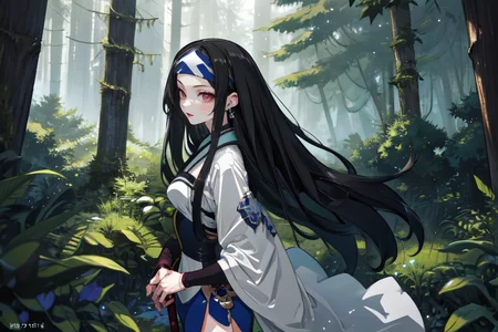 highly insanely detailed, masterpiece, top quality, best quality, highres, 4k, 8k, RAW photo, (very aesthetic, beautiful and aesthetic),  
beth_\(megami_tensei\),bethsmtii,shin megami tensei ii,long hair,black hair,straight hair,sleek black,jewelry,cross,headband,red_lipstick,katana,sword, 
<lora:zs_Beth:0.5>, 
(1girl:1.3), 1other, 
large forest,enchanting forest,dense forest,lush forest,tall trees,canopy,overgrown scenery,shimmering silver background,âââ