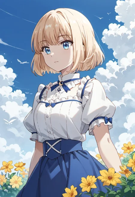 score_9, score_8_up, score_7_up, source_anime, mia luna tearmoon, blonde hair, short hair, blue eyes, 1girl, solo, outdoors, short sleeves, sky, puffy sleeves, puffy short sleeves, flower, day, cloud, shirt, white shirt