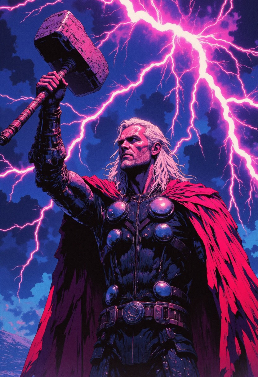 cinematic film still award winning photo of Thor : God of Thunder, Holding up his hammer to the sky, lightning all around,intense coloring,shallow depth of field, vignette, highly detailed, high budget, bokeh, cinemascope, moody, epic, gorgeous, film grain, grainy,anime, cyberpunk, Comic book style,CAICO