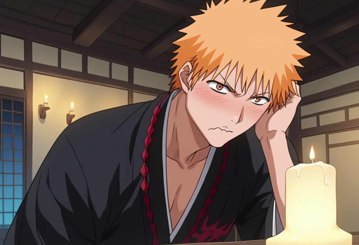 score_9, score_8_up, score_7_up, source_anime, masterpiece, 1boy, ichigo kurosaki, japanese clothes, , <lora:ichigo_kurosaki_ponyxl:1>, , v-shaped eyebrows,  wavy mouth,  nose blush,  pout,, fantasy, in a medieval temple, indoors, candlelights,  alter,, solo, adjusting hair, standing, contrapposto,  hair behind ear, leaning forward, close_up, hand on own hair,