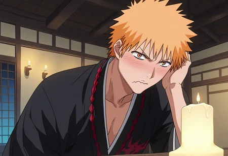 score_9, score_8_up, score_7_up, source_anime, masterpiece, 1boy, ichigo kurosaki, japanese clothes, , <lora:ichigo_kurosaki_ponyxl:1>, , v-shaped eyebrows,  wavy mouth,  nose blush,  pout,, fantasy, in a medieval temple, indoors, candlelights,  alter,, solo, adjusting hair, standing, contrapposto,  hair behind ear, leaning forward, close_up, hand on own hair,