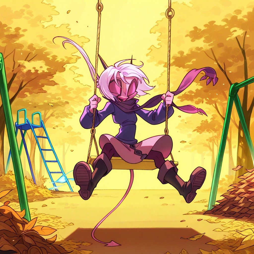 score_9, score_8_up, score_7_up,namah_calah,
1girl,solo,furry,tail, source_furry,horns,
 ,<lora:namah_calah_illustrious:0.8>,
child, kid, 
Jumping Off a Swing into a Leaf Pile,  swing, leaf_pile, playground, oversized_sweater, flared_skirt, heavy_boots, amber_autumn, slanting_sunlight, rustling_trees, shrieking_laughter, trailing_scarf, snapping_chains , girl rockets off a playground swing at its peak, soaring into a towering leaf pile with snapping chains rattling behind. Her oversized sweater balloons, flared skirt flies high, and heavy boots crash through amber autumn leaves. Slanting sunlight gilds the rustling trees, a trailing scarf whips free, and her shrieking laughter pierces the air as she vanishes in the crunch
