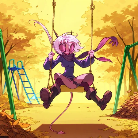 score_9, score_8_up, score_7_up,namah_calah,
1girl,solo,furry,tail, source_furry,horns,
,<lora:namah_calah_illustrious:0.8>,
child, kid,
Jumping Off a Swing into a Leaf Pile, swing, leaf_pile, playground, oversized_sweater, flared_skirt, heavy_boots, amber_autumn, slanting_sunlight, rustling_trees, shrieking_laughter, trailing_scarf, snapping_chains , girl rockets off a playground swing at its peak, soaring into a towering leaf pile with snapping chains rattling behind. Her oversized sweater balloons, flared skirt flies high, and heavy boots crash through amber autumn leaves. Slanting sunlight gilds the rustling trees, a trailing scarf whips free, and her shrieking laughter pierces the air as she vanishes in the crunch
