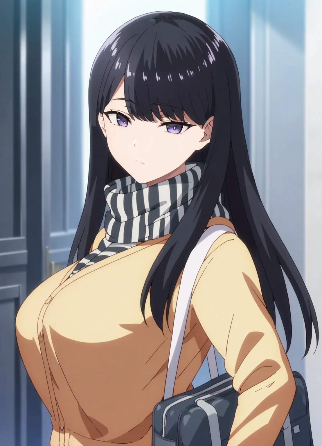 score_9, score_8_up, score_7_up,source_anime,uncensored,anime screencap, anime,
<lora:Amakami Honpo:0.8>,
Amakami Honpo, 1girl, black hair, solo, scarf, long hair, bag, school bag, looking at viewer, school uniform, upper body, purple eyes, bangs,large breasts,