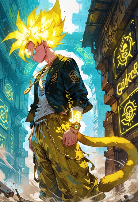 masterpiece, best quality, good quality, very awa, very aesthetic, absurdres, Son_Gokaction the monking saiyan, 1boy, male focus, solo, glowing hair, super saiyan,