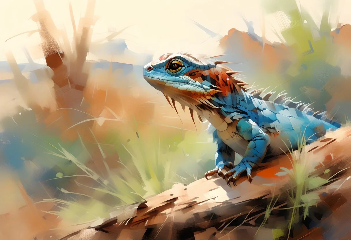 close up, macro photography of a turquoise lizard on a flat red ocre rock, several tones of blue scales, deep red grainy rocks, soft and delicate grass, small dark red peebles, deep rich ocre palette, hight contrast tones, deep tone, navajo sacred land, blazing sunset, watercolor, deep tones, oil and watercolor painting